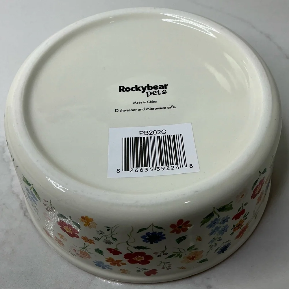 Rockybear pets Floral Pet Bowl with pink Rim, Multicolor flowers. New